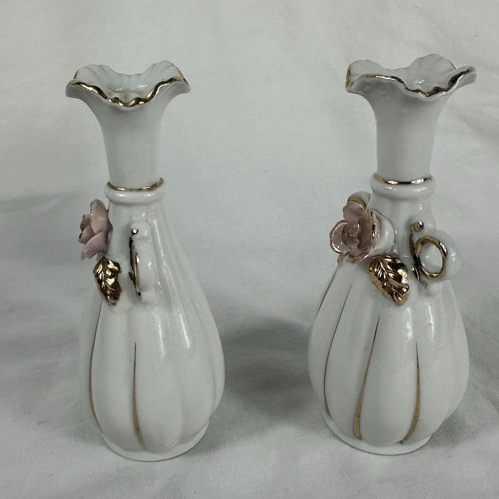 Vintage Pair Miniature Porcelain Bud Vases Pink Applied Roses Gold Trim 5